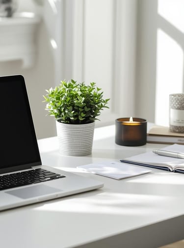 Clean minimalist desk with laptop, plant, and organized stationery.