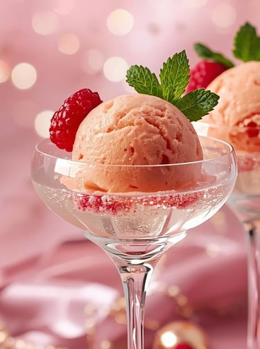 Champagne sorbet served in flutes with raspberries and mint leaves in a festive pink and gold settin