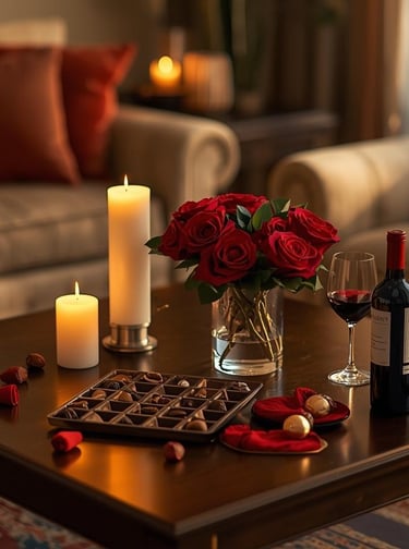 Romantic seating area with candles, flowers, and wine arranged for two.