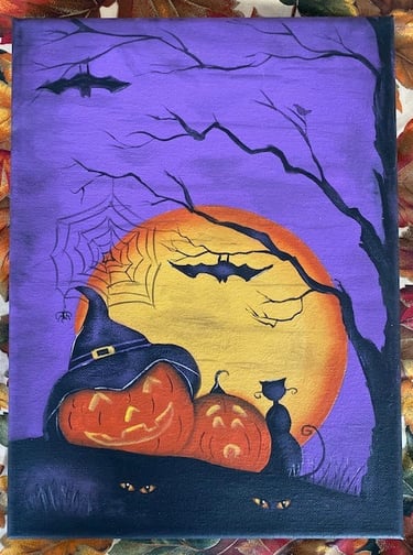 Pumpkins, night moon, bats, eerie eyes