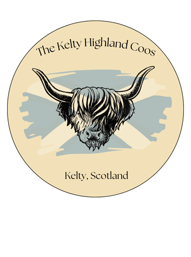 Round circle with an image of a highland cow with the background of a scottish flag