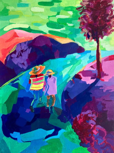 Ayacucho, impresionist painting by Jennifer Cruz Ciprian (Fer) depicting two women walking a road 