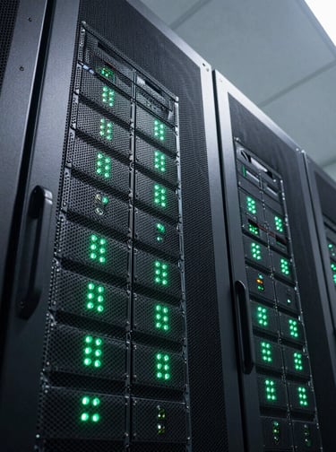 Professional high-quality photography of a modern server room with glowing mint green LED indicators, low angle shot, South American data center environment.