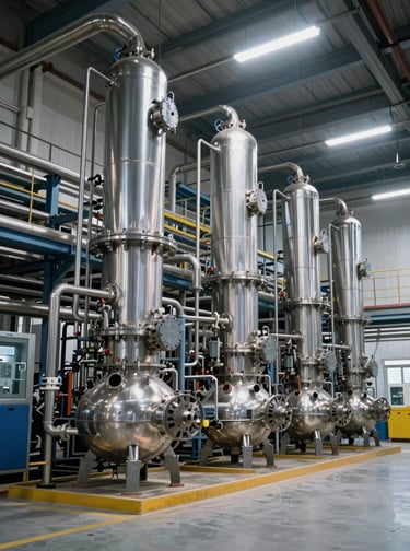 Clean modern chemical processing plant interior, stainless steel piping, overhead explosion-proof linear lights, bright factory floor illumination