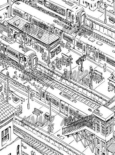 Aesthetic black and white Illustration, digital fineliner drawing, detailed artwork, urban art print