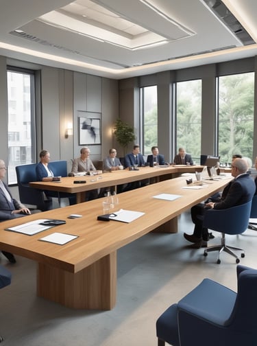 A professional lawyer discussing estate planning documents with a family around a table.