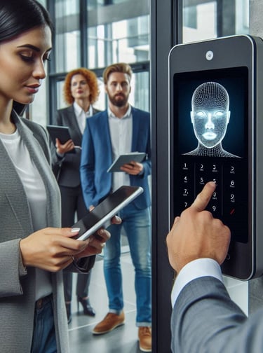 Professional using a biometric facial recognition scanner and keypad for secure office building access.