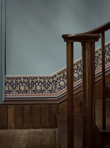 William Morris-inspired interior featuring botanical patterns, natural materials, and traditional Ar