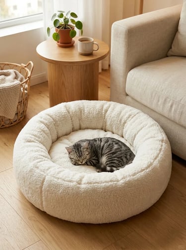 Cat sleeping in a soft round pet bed beside a sofa, creating a warm and comfortable pet corner in a 