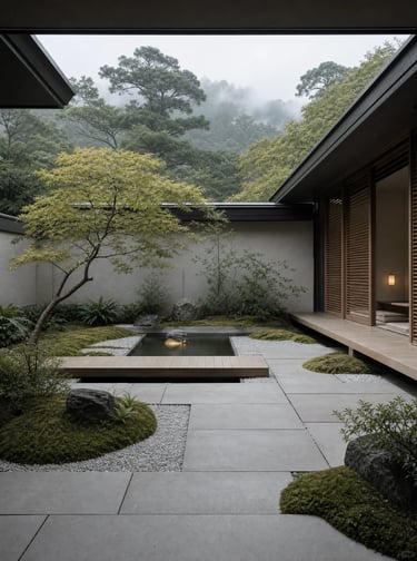 Small courtyard garden with low plants, mossy edges, stone paving, and a calm minimalist outdoor des
