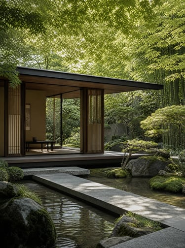 Modern courtyard garden with trees, shrubs, water feature, and layered planting for a peaceful outdo