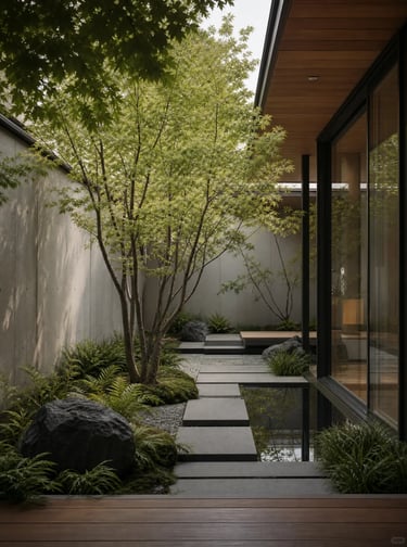 Small garden courtyard with trees, rocks, groundcover plants, and soft green edges around a modern h