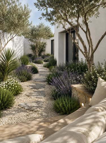Peaceful small garden with stepping stones, layered plants, and open space that keeps the courtyard