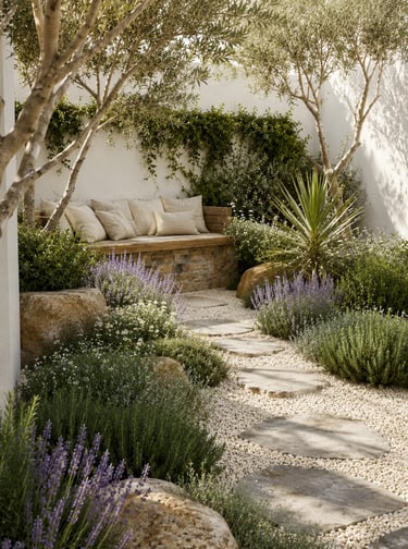 Mediterranean courtyard with natural stone path, soft planting, lavender, and a simple seating corne
