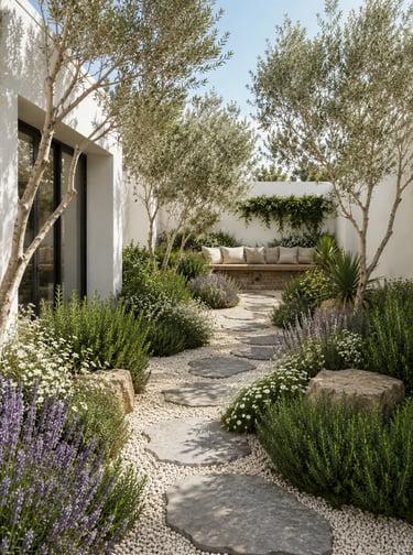 Cozy small courtyard garden with olive trees, white gravel, lavender, and uncluttered outdoor space.