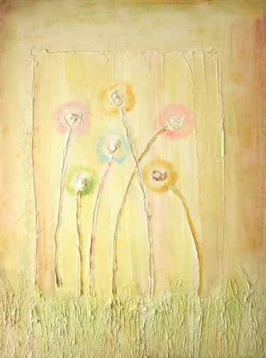 Textured abstract painting of colorful dandelions on a pale yellow impasto canvas.