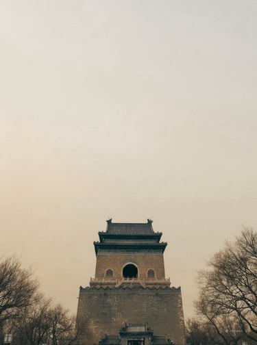 Fine art travel photograph of the ancient Beijing Bell Tower, captured during the historic Gobi Dese