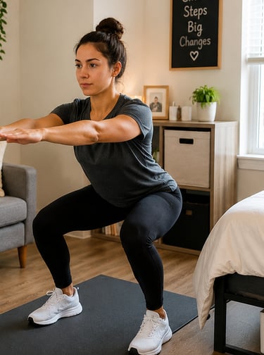 beginner doing home workout in a small apartment bedroom