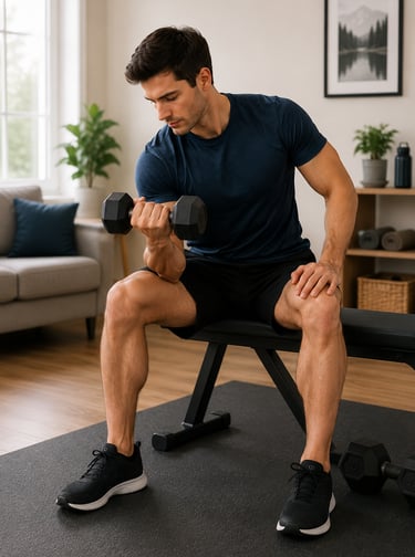 Beginner man performing a dumbbell curl with light weights in a home workout space