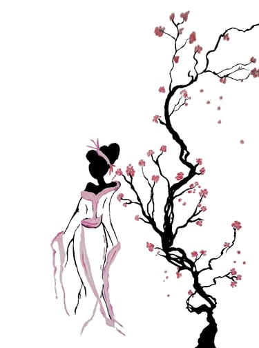 Dama japonesa junto a un cerezo. Ilustración hecha por Óscar Ocaña Parrón para sus poemarios