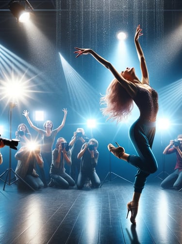 beautiful female dancer that is being put onto the spotlight with photographers surrounding her