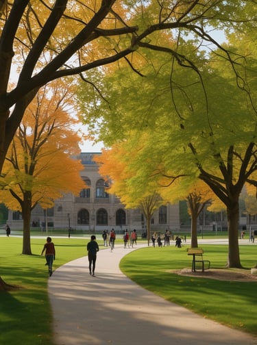 Mobile device displaying educational savings app with maple leaves and university background.