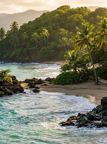 a beach with a view of a mountain range in puerto rico