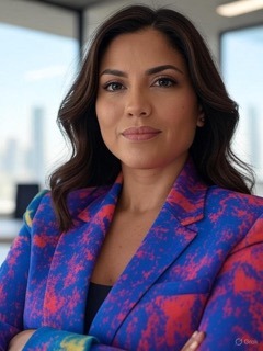 a woman in a blue jacket and a pink jacket