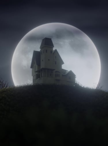 Beetlejuice iconic house on a hill , full moon in the background, recreated by Neopixel Digital