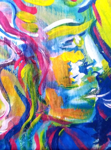 Détails de la peinture Oz Galactic Wizards avec deux visages partant d'un même corps, couleurs vives