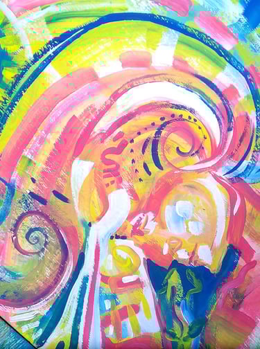 Détail de la peinture Oz Galactic Wizards avec un visage  avec spirale partant du centre de la tête et, couleurs vives