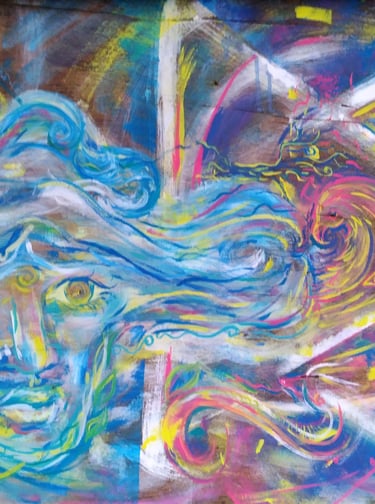 détail d'une peinture aux tons bleus, on peut y distinguer le schéma de l'ad, des yeux, un ou plusieurs visage, un phénix