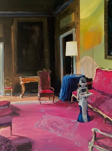 a painting of classical living room with robot serving wine by martin wojnowski