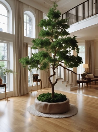 A minimalist home office features a sleek white desk paired with a black office chair. On the desk sits a closed laptop. Next to the desk is a white shelving unit containing a few books and decorative items. A small potted plant is placed on top of the shelf, while a tall plant stands on the floor nearby. The room is dimly lit, creating a calm and subdued atmosphere.