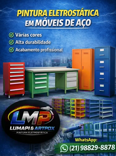 Serviço de pintura eletrostática em móveis de aço industriais coloridos com acabamento profissional.