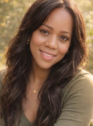 A smiling woman with long brown hair posing for a natural light outdoor portrait.