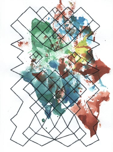 Abstract watercolor artwork inspired by Ikebana exploring the tension between spontaneity and control through bird-like form