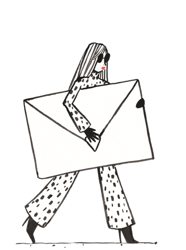 Illustration of a woman in a polka dot jumpsuit carrying a giant white envelope mail icon.