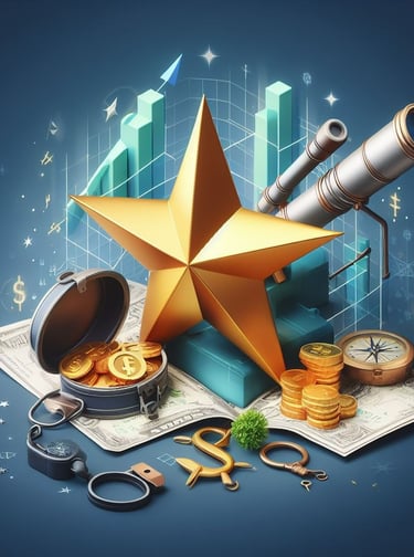 various ocean related items that represent business success - a star, a telescope, charts, a compass