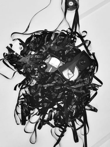 performance art installation hammer breaking old vhs tapes and unwinding the tape tapes in drag