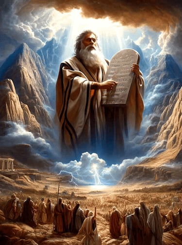 Biblical illustration of Moses holding the Ten Commandments on a mountain.