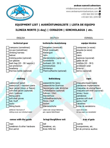Equipment List Iliniza Norte