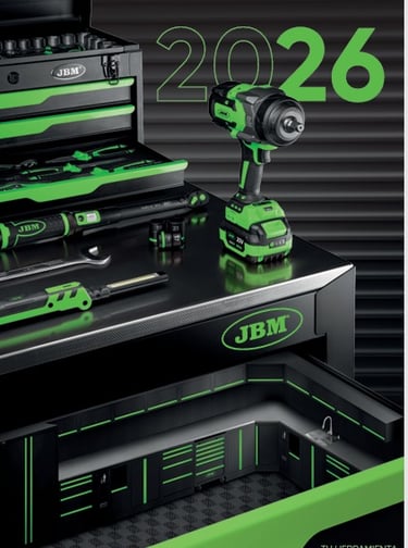 Portada del Catálogo JBM 2026 con carros de herramientas y llaves de impacto - A1 Suministros