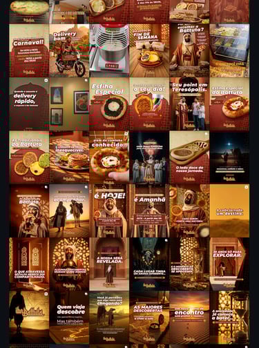 Aplicação da identidade visual Ibn Battuta em feed de redes sociais com posts de marketing para esfi