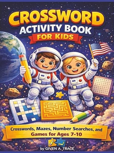 Crossword Activity Book for Kids book cover featuring crosswords, mazes, number searches, and games 