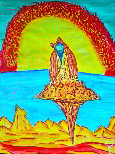 water colour on paper, levitating birdman in the desert with the rising sun