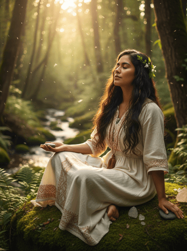 Mujer meditando en el bosque, reconectando con la naturaleza.