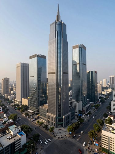 A high-angle daytime photograph of the Gurgaon Cyber City skyline with modern glass skyscrapers and wide boulevards, emphasizing a thriving South Asian urban business hub under a clear sky.
