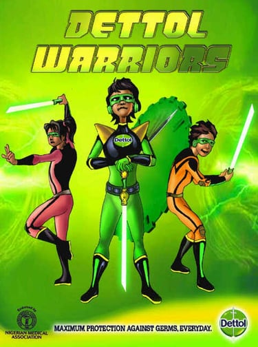 Dettol Warriors superhero characters in green and orange suits holding glowing swords to fight germs