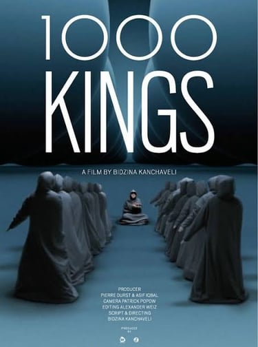 Movie poster for 1000 Kings by Bidzina Kanchaveli showing hooded figures in a symmetrical blue chamb